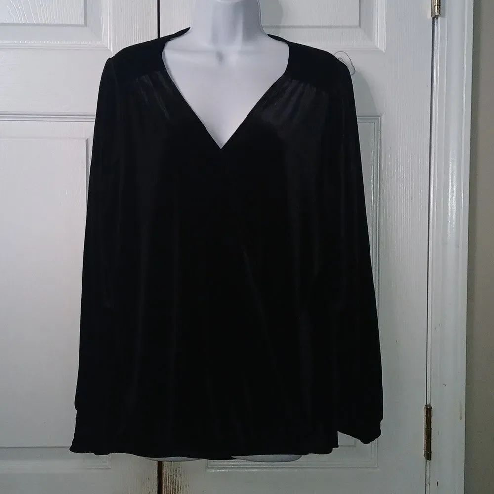 Wonderly Plus Sz Black Velour Shirred Sleeve Wrap Top Blouse Stretch Sz L